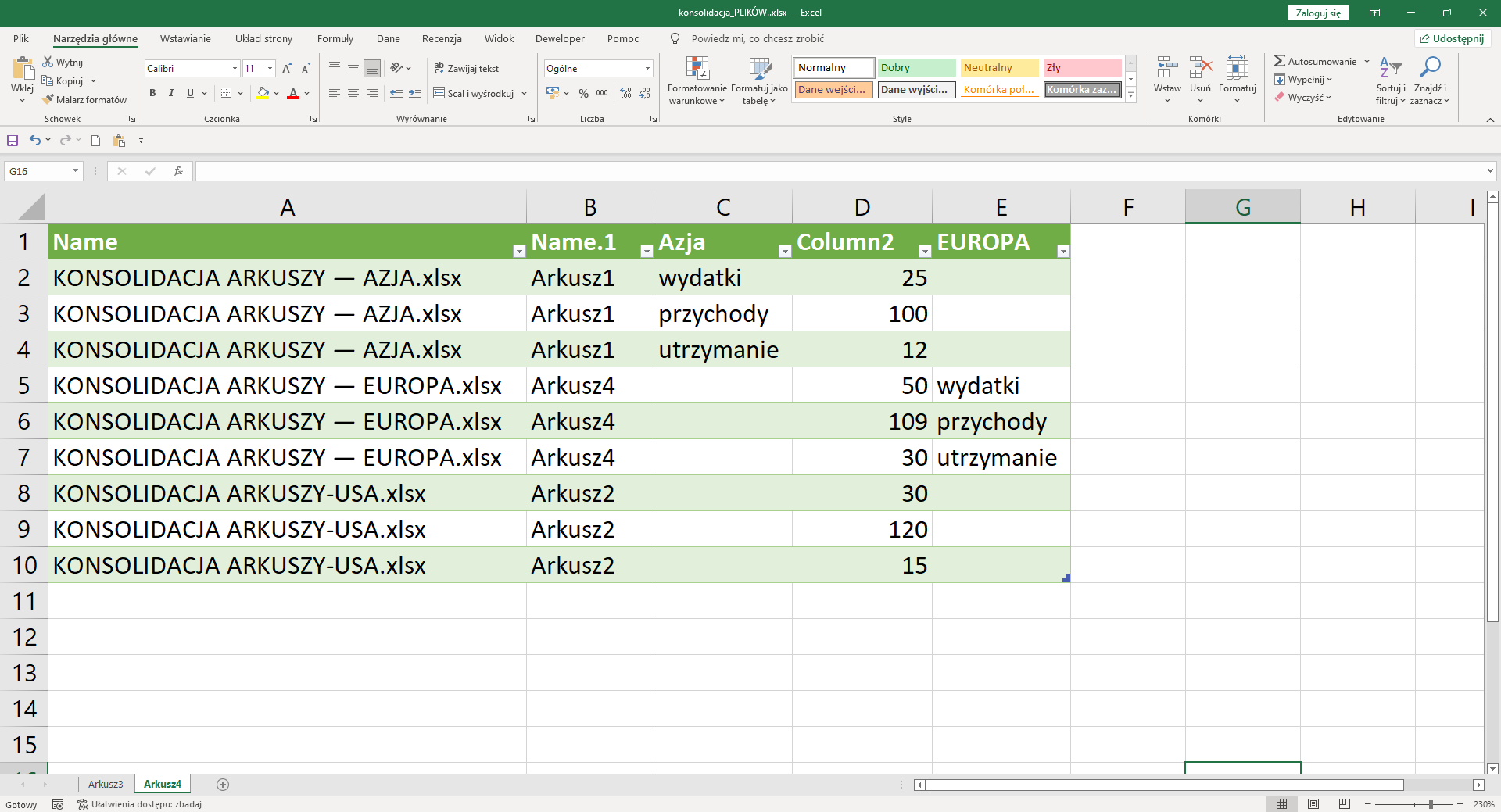 Konsolidacja danych w Excelu