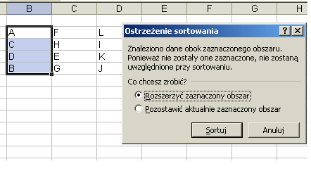 zachowanie obszaru sortowania Sortowanie w Excelu z zachowaniem obszaru