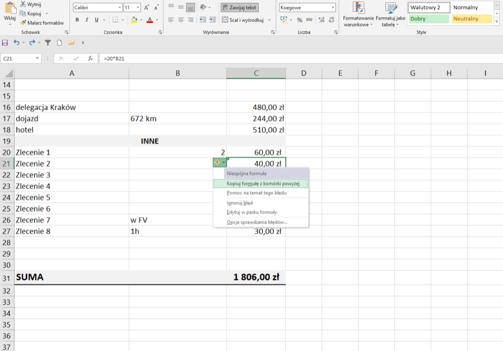 Niespójna formuła w Excelu